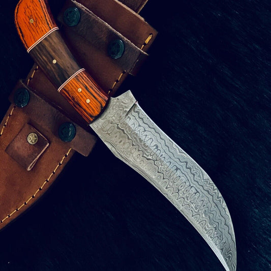 10" Custom Handmade Rain Drop Damascus Bowie Hunting Knife – Camel Bone & Wood Handle