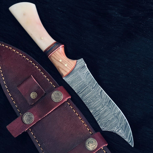 10" Custom Handmade Twist Damascus Bowie Hunting Knife – Camel Bone & Wood Handle