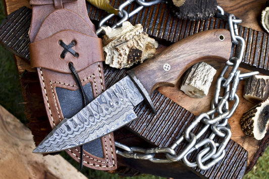 10" Custom Ladder Damascus Skinner Knife Walnut Wood Handle Damascus Guard Hunting Fishing
