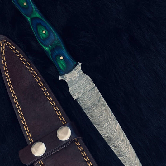10" Custom Twist Bowie Damascus Steel Dagger Knife – Camel Bone & Wood Handle