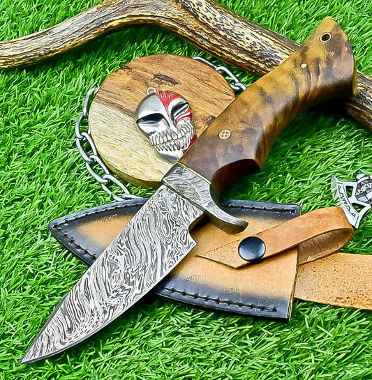 10" Damascus Bobcat Hunting Knife with Wood Handle & Steel Bolster – Handmade Full Tang Knife