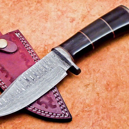  10" Damascus Bowie Hunting Knife – Camel Bone Handle & Leather Sheath