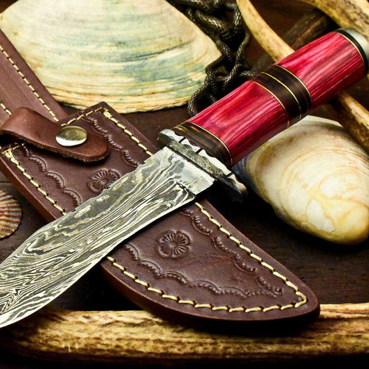 10" Damascus Bowie Hunting Knife – Hard Wood Handle with Leather Sheath