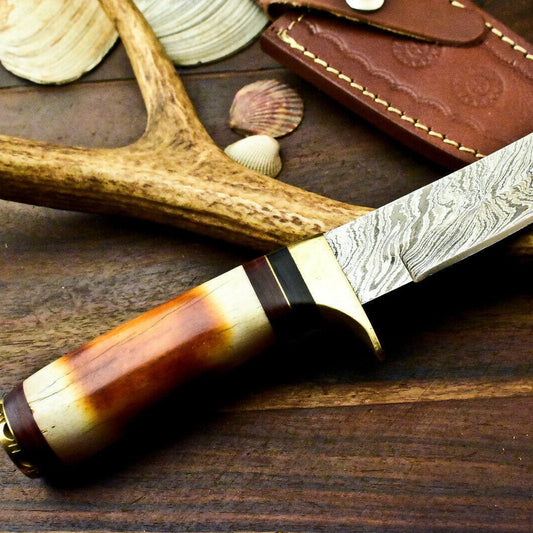 10" Damascus Bowie Hunting Knife – Stained Camel Bone Handle with Leather Sheath