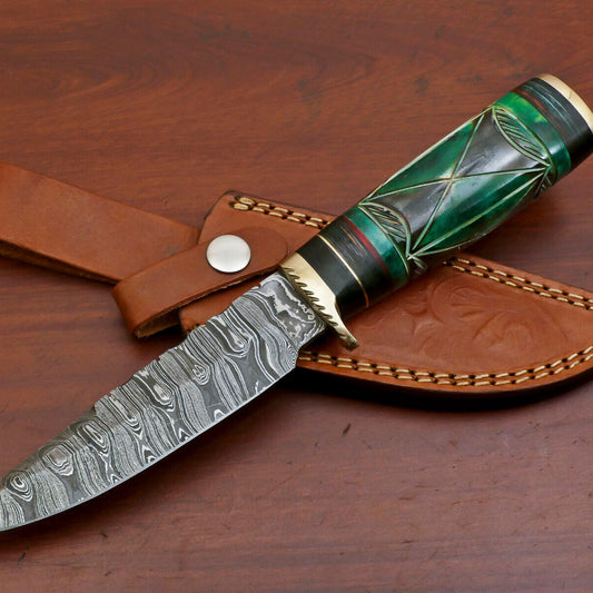 10" Damascus Bowie Knife – Camel Bone & Pakka Wood Handle with Brass Guard