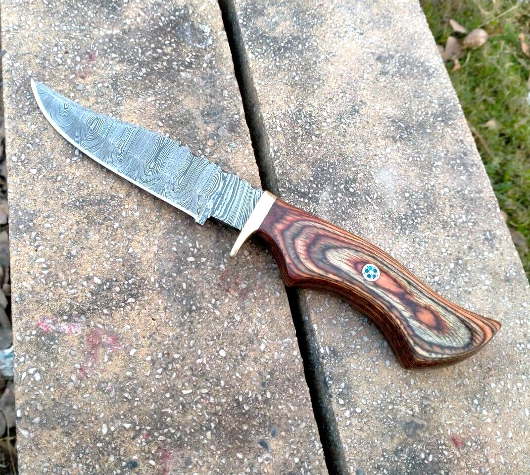 10" Damascus Bowie Knife Damascus Steel Knife With Wooden Handle & Leather Sheath 