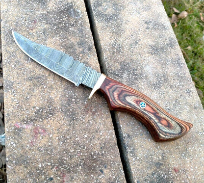 10" Damascus Bowie Knife Damascus Steel Knife With Wooden Handle & Leather Sheath 
