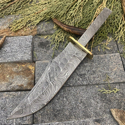 10" Damascus Bowie Knife Damascus Steel Knife with Rat Tail Tang & Leather Sheath 