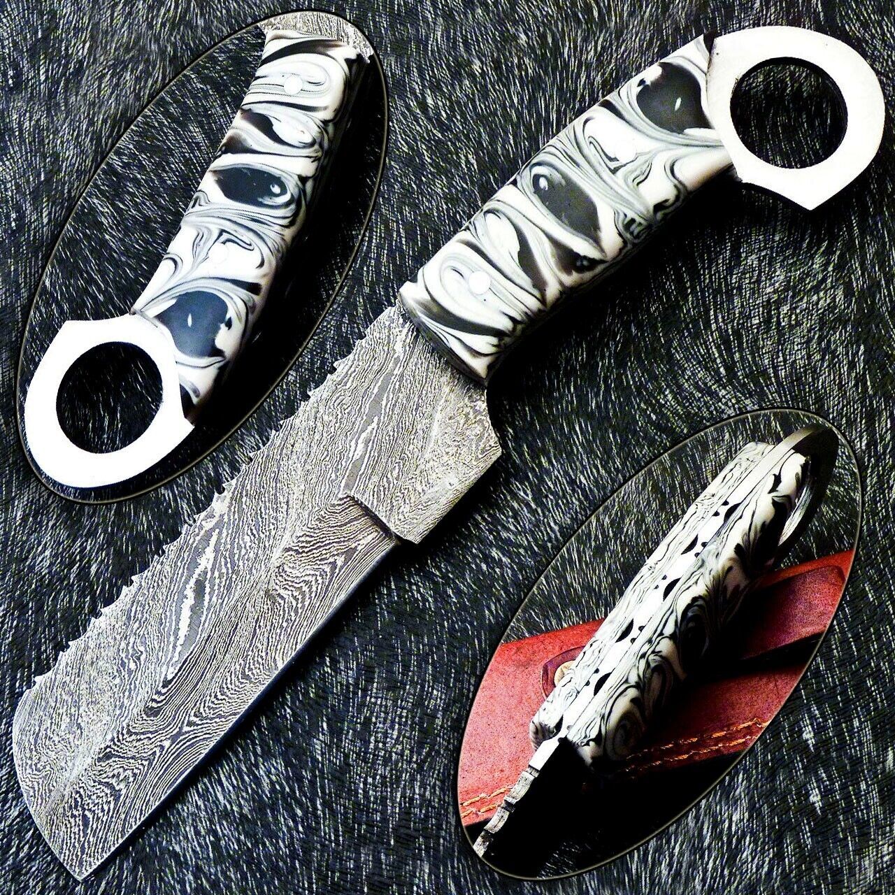 10" Damascus Bowie Knife Damascus Steel Knife with Resin Handle & Leather Sheath