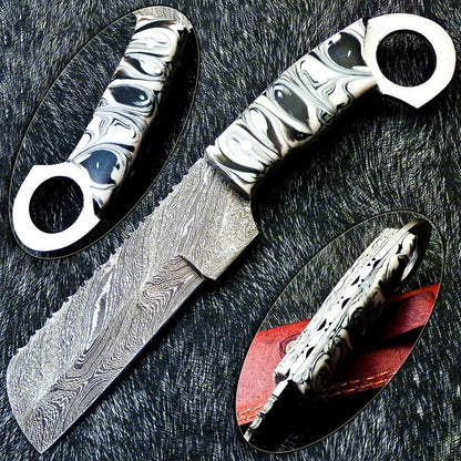 10" Damascus Bowie Knife Damascus Steel Knife with Resin Handle & Leather Sheath