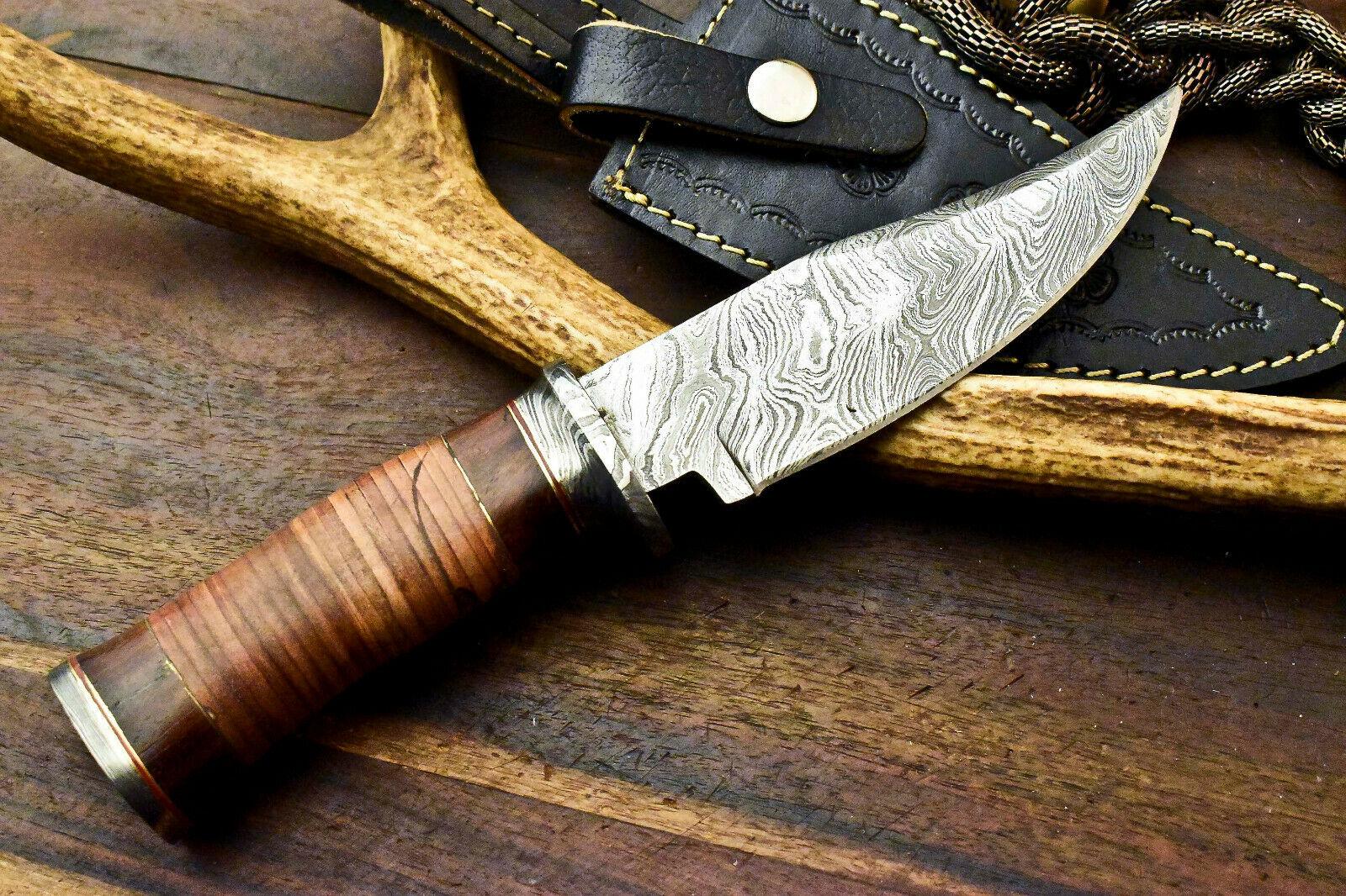 10" Damascus Bowie Knife Damascus Steel Knife with Stacked Leather Handle & Sheath