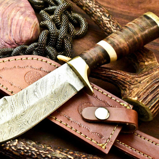 10" Damascus Bowie Knife | Stacked Leather Handle & Hand-Forged Blade
