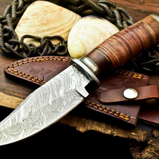 10" Damascus Bowie Knife – Stacked Leather Handle & Leather Sheath