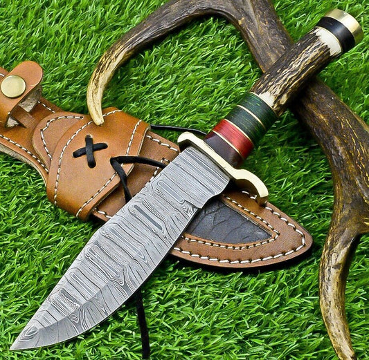 10" Damascus Bowie Knife with Stag Antler & Wood Handle – Hunting Edition