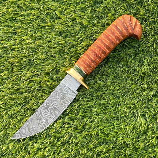 10" Damascus Bowie Knife with Wooden Handle & Brass Guard