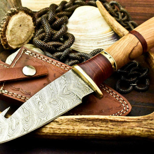 10" Damascus Hunting Bowie Knife – Olive Wood Handle with Leather Sheath