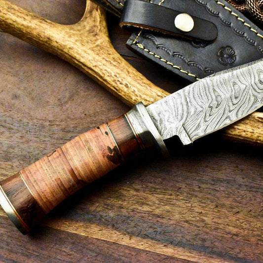 10" Damascus Hunting Bowie Knife – Stacked Leather Handle with Leather Sheath