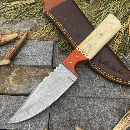 10" Damascus Hunting Bowie Knife – Wood & Bone Handle with Leather Sheath