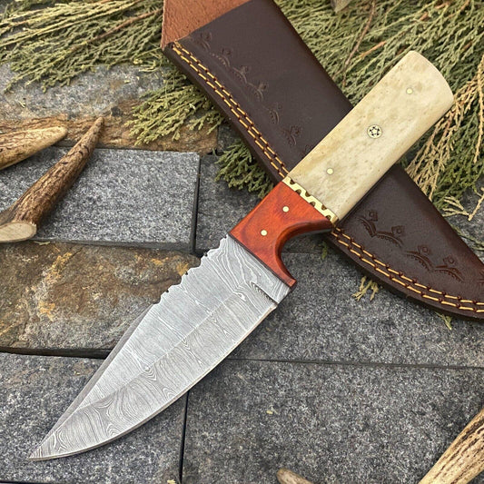 10" Damascus Hunting Bowie Knife – Wood & Bone Handle with Leather Sheath