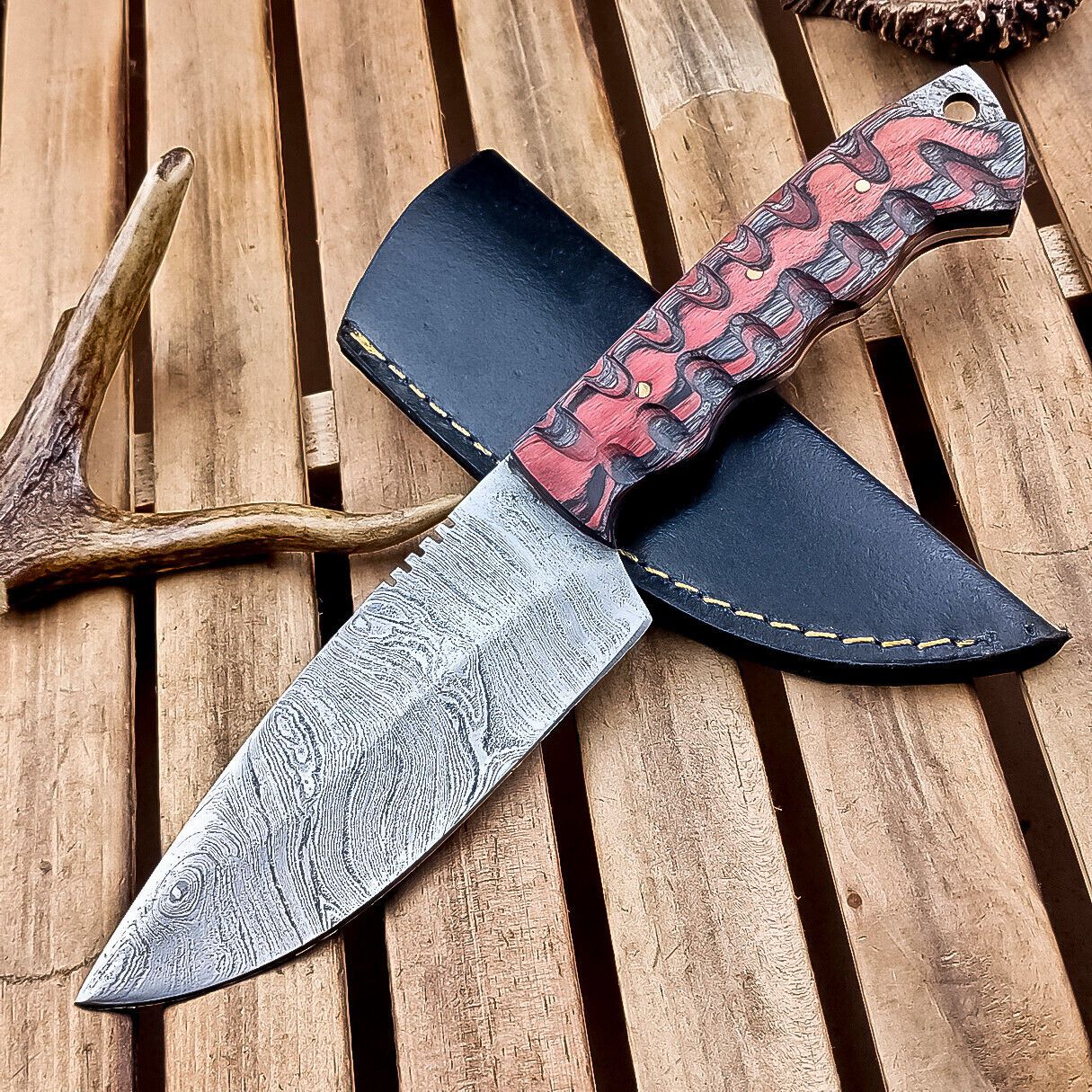 10" Damascus Hunting Knife – Multi-Color Wood Handle & Sheath