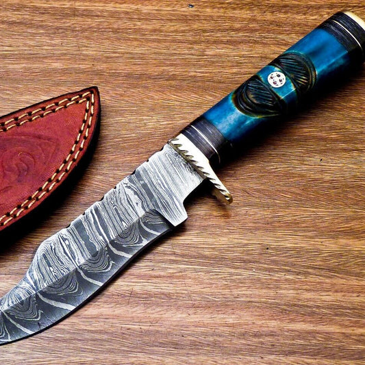 10" Handmade Damascus Steel Bowie Hunting Knife | Engraved Camel Bone & Hardwood Handle