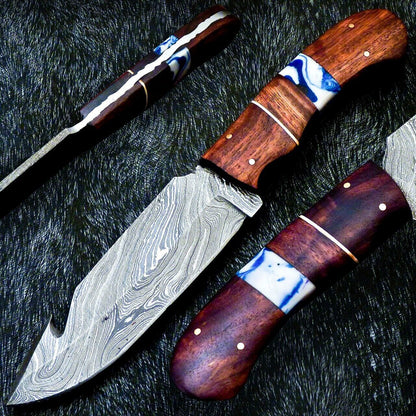 10" Damascus Steel Bowie Hunting Knife – Resin & Wood Handle 