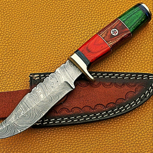 10" Damascus Steel Bowie Knife – Wood & Brass Handle | Handmade Twist Pattern Blade