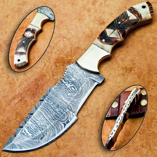 10" Damascus Steel Bowie Knife with Camel Bone Handle – Full Tang Tracker Design
