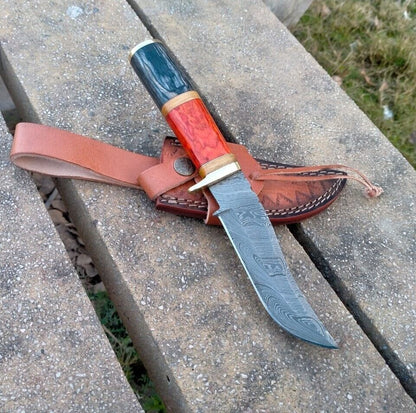 10" Damascus Steel Bowie Knife with Pakka Wood Handle – Handmade Full Tang Hunting Blade