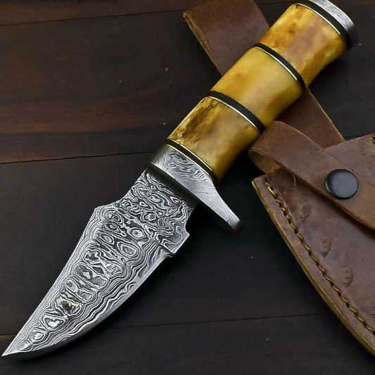 10" Damascus Trailing Bowie Knife – Camel Bone Handle