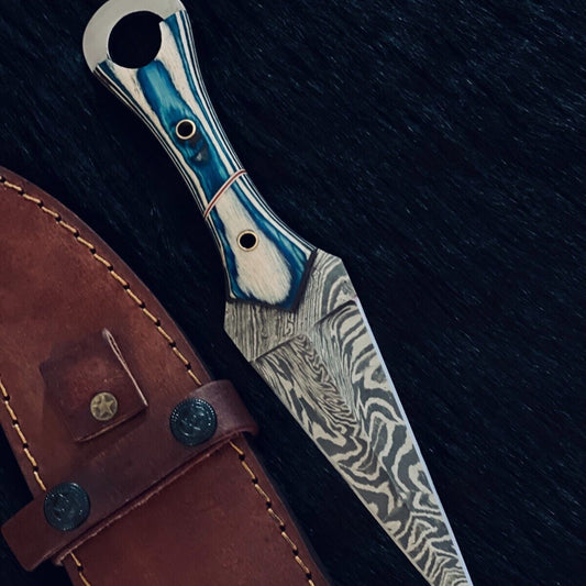 10" Fire Damascus Steel Bowie Knife – Camel Bone & Wood Handle 