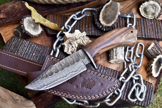 10" Forged Skinner Knife Ladder Damascus with Walnut Wood Handle and Damascus Guard