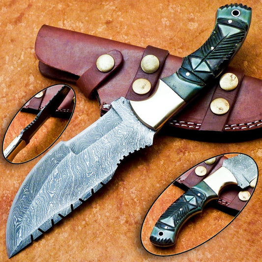 10" Full Tang Damascus Bowie Knife – Camel Bone Handle & Brass Bolster 