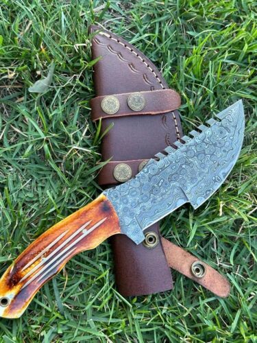 10" Full Tang Handmade Damascus Steel Hunting Skinning Tracker Knife with Leather Sheath