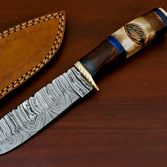 10" Hand Forged Damascus Bowie Hunting Knife – Engraved Camel Bone & Rose Wood