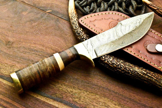 10" Hand Forged Damascus Bowie Knife Damascus Steel Knife With Stacked Leather Handle