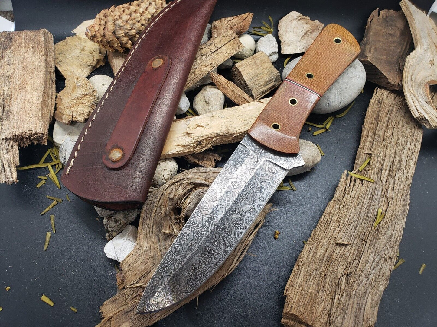 10" Hand Forged Damascus Bowie Knife Damascus Steel Knife with Micarta Handle & Sheath