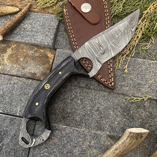 10" Hand Forged Damascus Camping Bowie Knife – Wood Handle with Leather Sheath