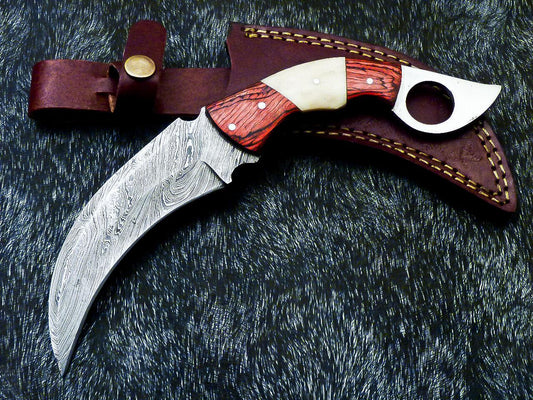 10” Hand Forged Damascus Karambit Knife Damascus Steel Karambit with wood & Bone Handle 