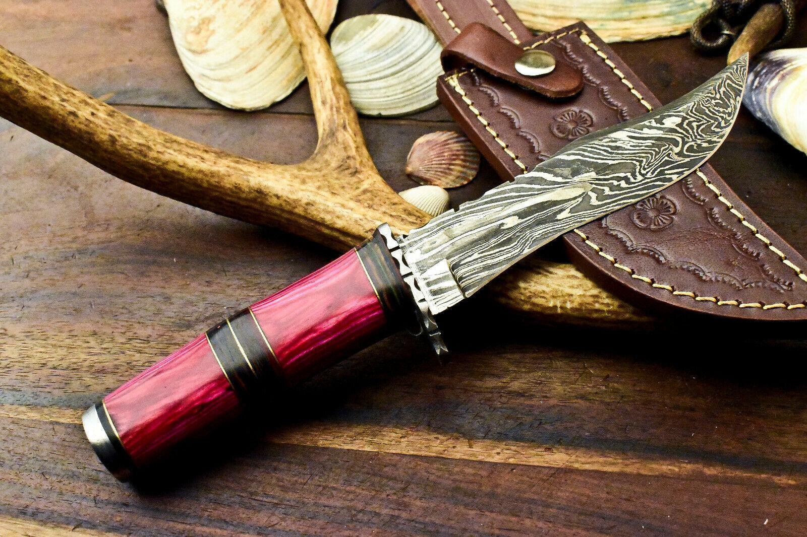 10" Handmade Custom Bowie Knife Damascus Steel Knife with Hard Wood Handle & Sheath