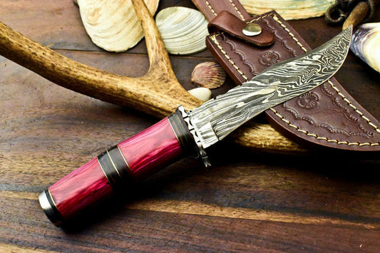 10" Handmade Custom Bowie Knife Damascus Steel Knife with Hard Wood Handle & Sheath