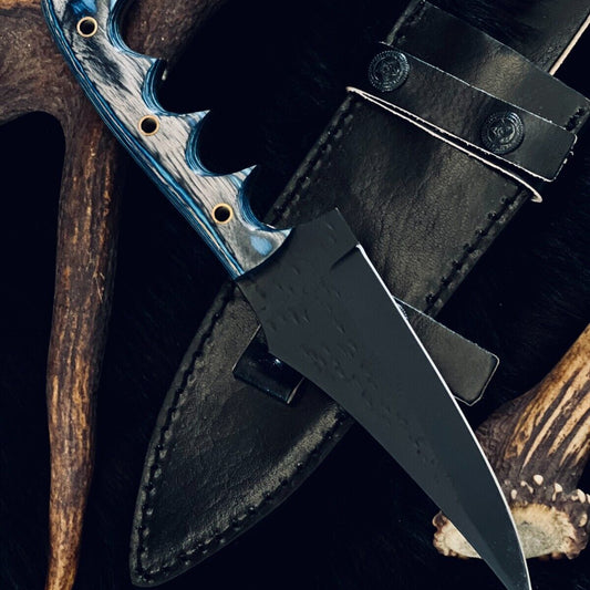 10" Handmade D2 Steel Bowie Knife – Camel Bone & Wood Handle with Damascus Bolster