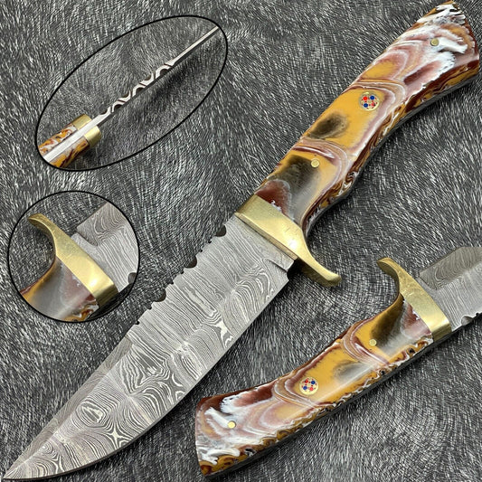 10" Handmade Damascus Bowie Hunting Knife – Resin Handle & Leather Sheath