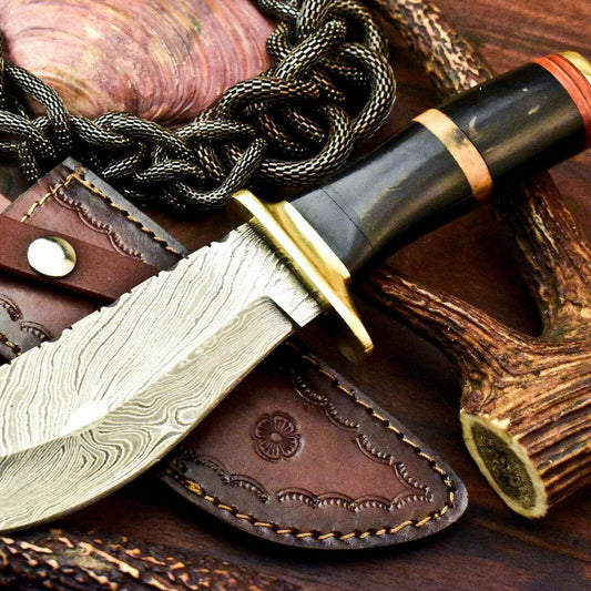 10" Handmade Damascus Bowie Knife | Bull Horn Handle with Leather Sheath