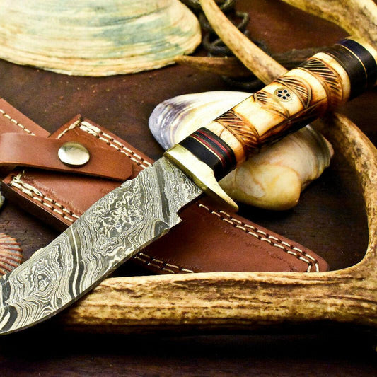 10" Handmade Damascus Bowie Knife – Camel Bone Handle & Leather Sheath