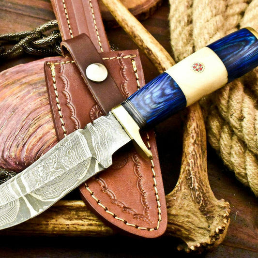 10" Handmade Damascus Bowie Knife | Camel Bone Handle with Leather Sheath