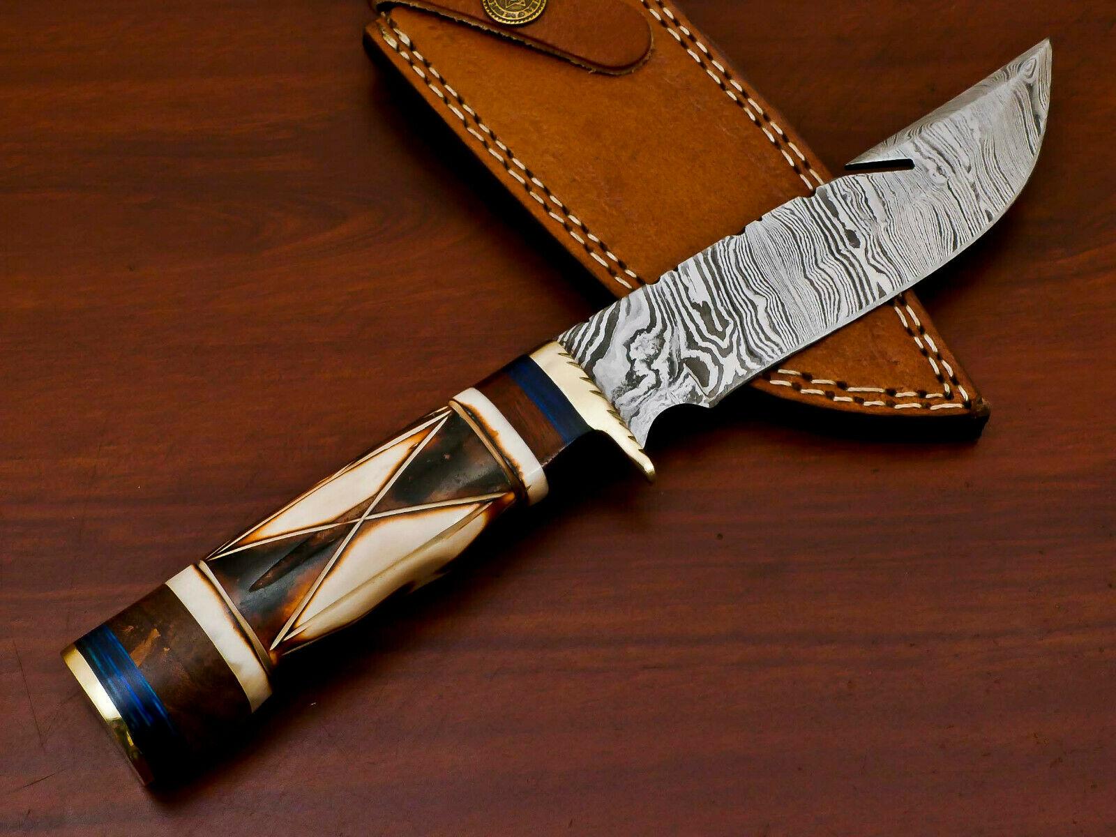 10" Handmade Damascus Bowie Knife Damascus Steel Knife With Camel Bone & Rose Wood Handle