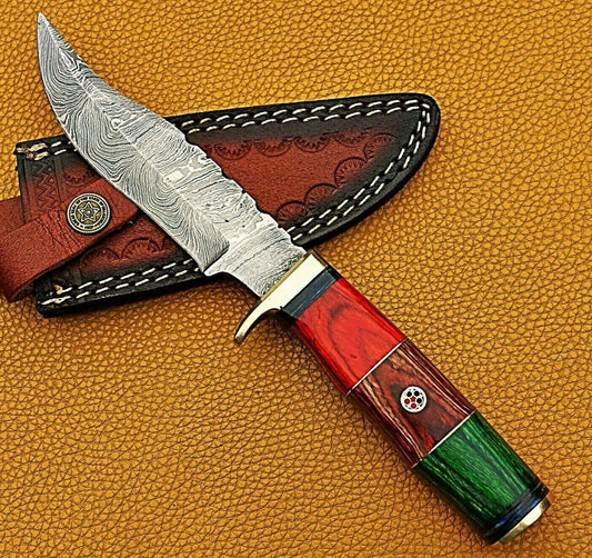 10" Handmade Damascus Bowie Knife with Wood & Brass Handle + Leather Sheath