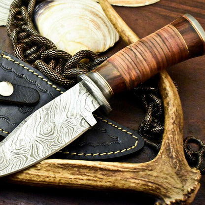 10" Handmade Damascus Bowie – Stacked Leather Handle & 384-Layer Blade
