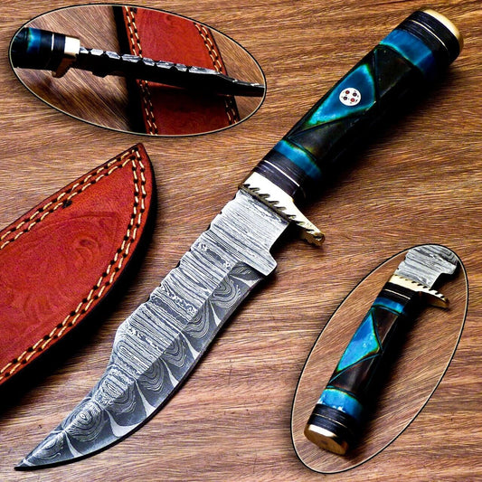 10" Handmade Damascus Steel Bowie Hunting Knife – Camel Bone & Hardwood Handle